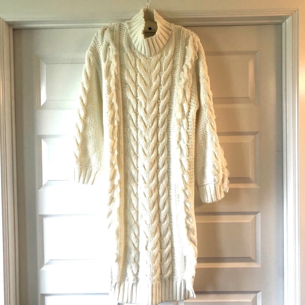 FARM RIO Ivory Cable Knit Fringe Midi Sweater Dress M MSRP $285 - Picture 6 of 10